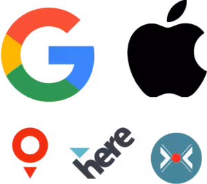 Logos von Google, MapQuest, Here und Yandex, Anbieter von Kartendiensten und Navigationstechnologien.
