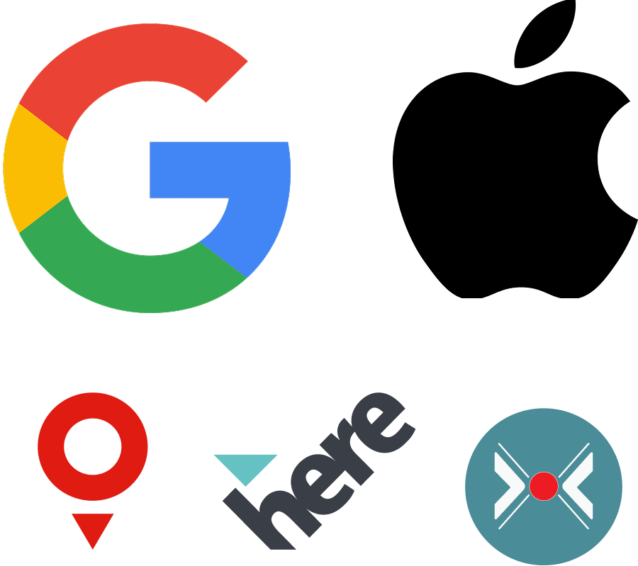 Logos von Google, MapQuest, Here und Yandex, Anbieter von Kartendiensten und Navigationstechnologien.